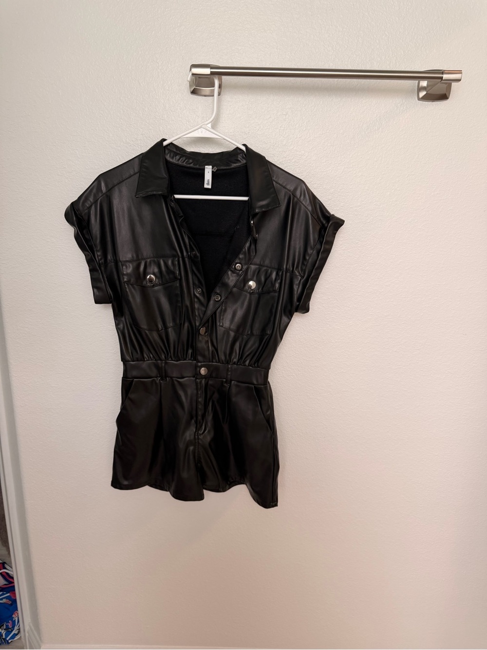 Black Faux Leather Short-Sleeve Button Front Top